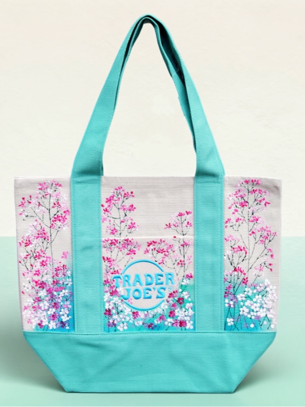 Hand Painted Trader Joe’s Mini Pastel Canvas Tote Bag Floral Teal Green